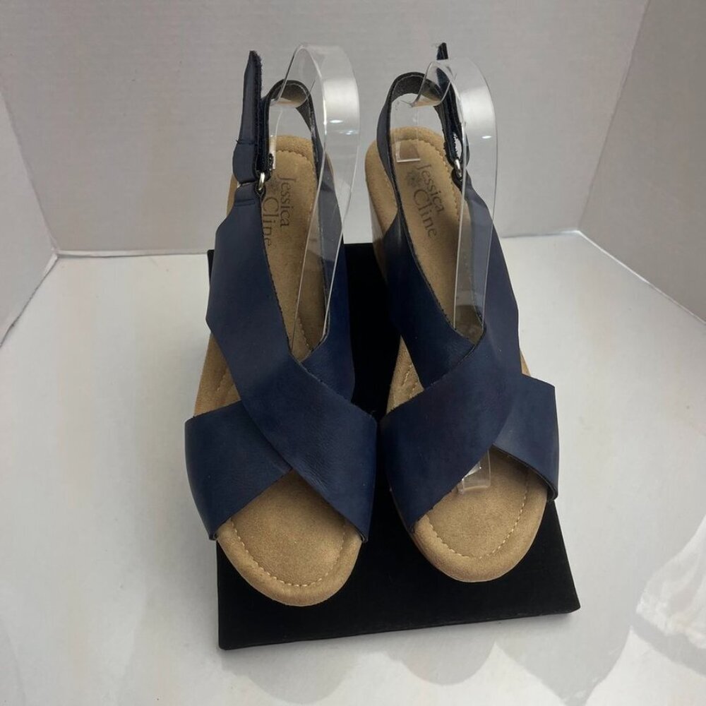 Jessica Cline Dreamer Navy Cork Wedge Slingback Sandals Women’s 10M Crisscross